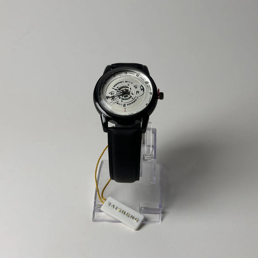 Baisheng Skeleton Dial Watch ā Silver Case, Black Leather Strap