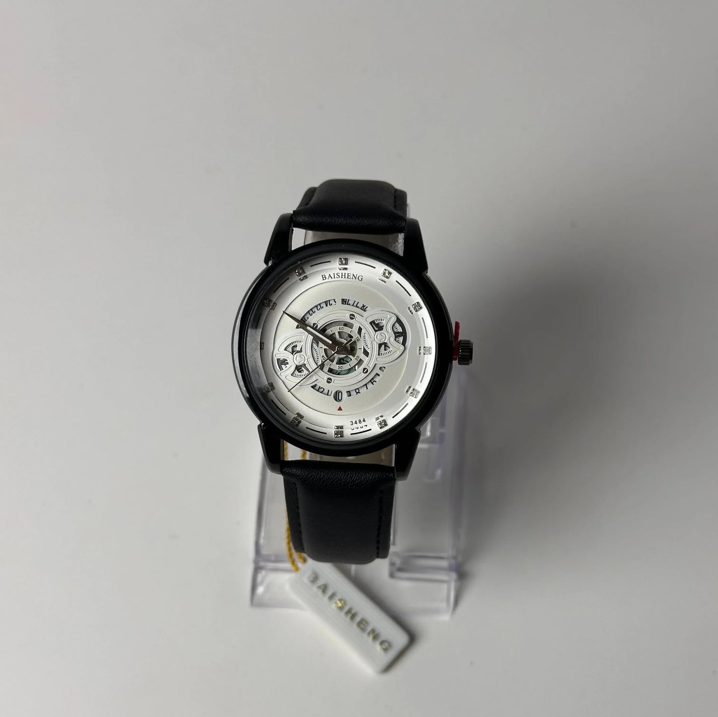 Baisheng Skeleton Dial Watch – Silver Case, Black Leather Strap