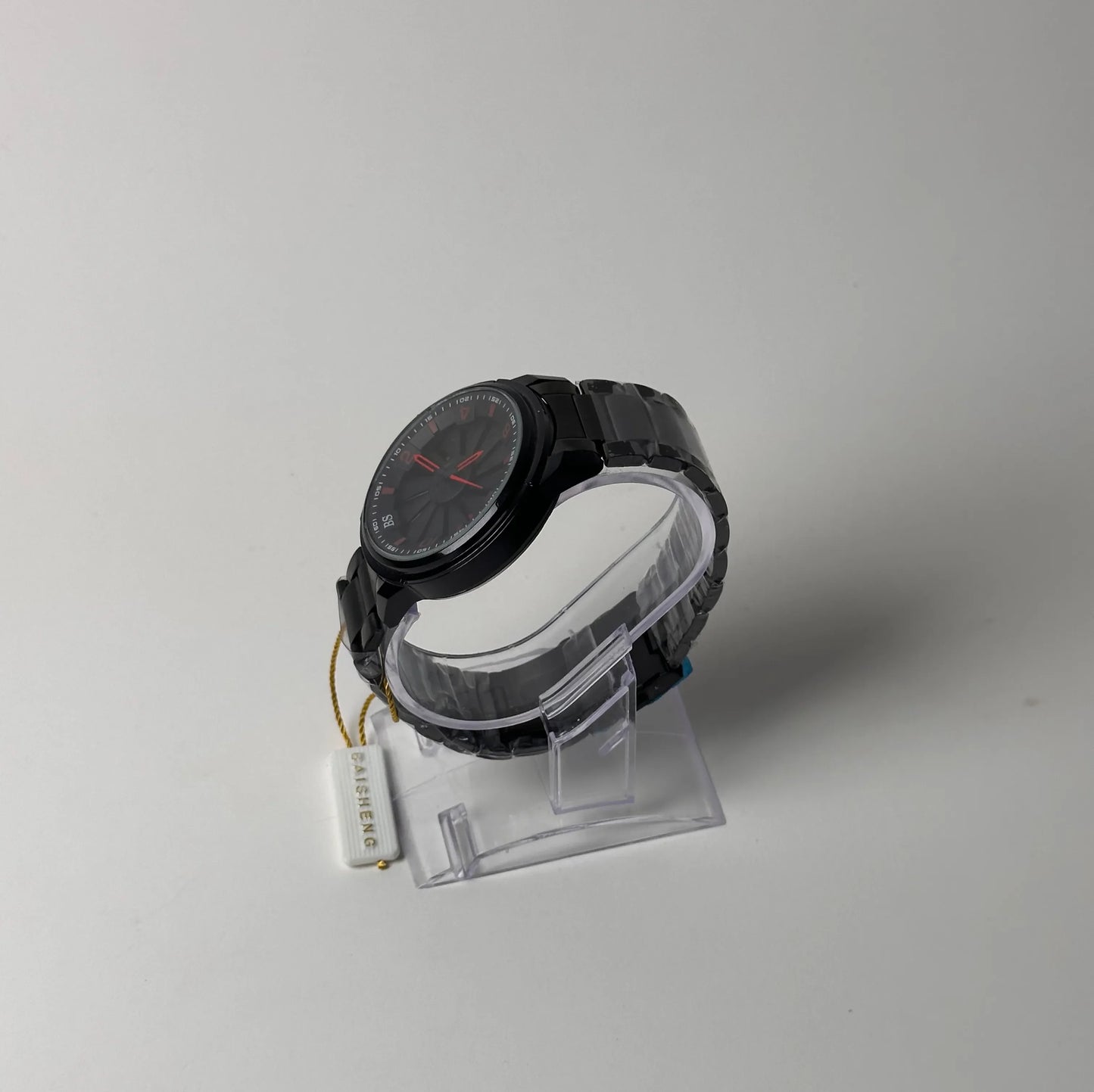 Baisheng Turbine Dial Watch – Black & Red, Metal Bracelet