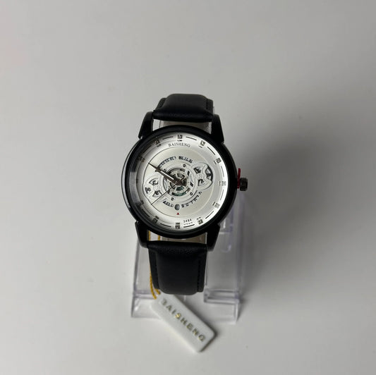 Baisheng Skeleton Dial Watch – Silver Case, Black Leather Strap