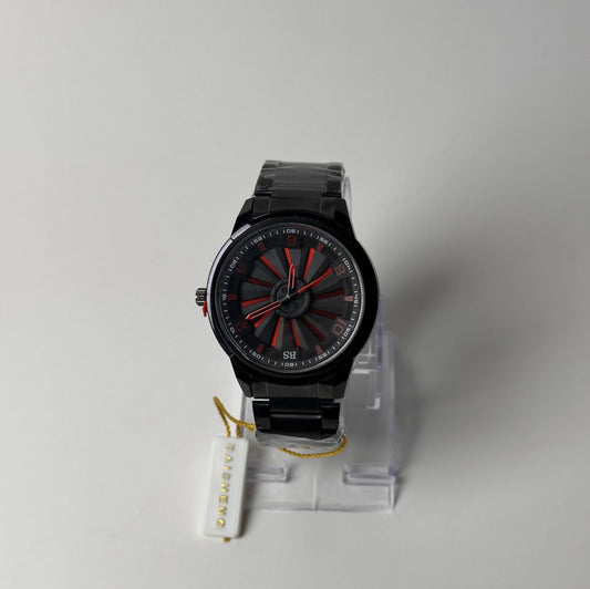 Baisheng Turbine Dial Watch – Black & Red, Metal Bracelet
